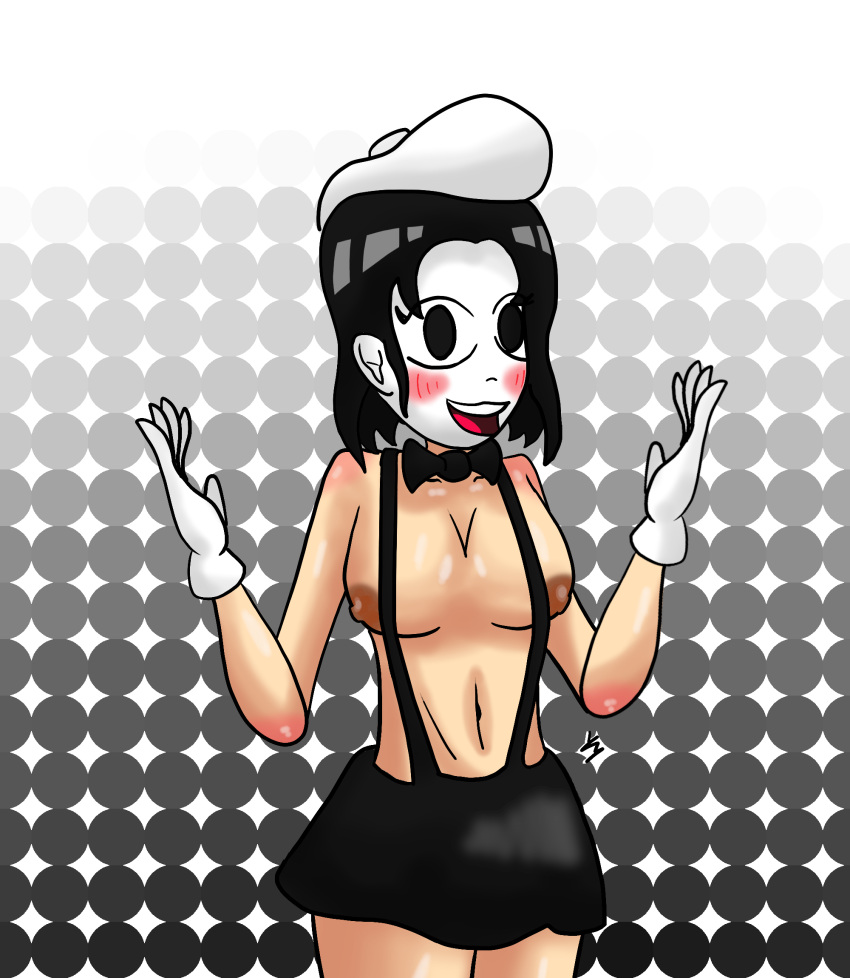 black_dress black_eyes black_hair blush boots breasts female mime mime_girl nude skirt solo white_hat