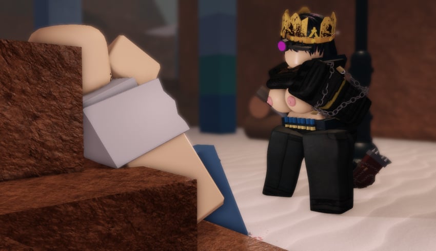 1boy 1girls 3d agent_(decaying_winter) bloxmodeller decaying_winter exposed_breasts looking_down_at_another pulled_up_shirt roblox roblox_game robloxian self_upload sledge_queen tagme