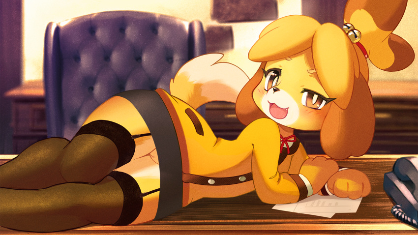 2020 :3 ancesra animal_crossing animal_ears animal_nose anthro arm_support bangs bell black_legwear black_skirt blonde_hair blurry blurry_background blush body_fur bright_pupils brown_hair buttons chair commentary corded_phone desk dog_ears dog_girl dog_tail english_commentary female flat_chest furry furry_female garter_straps hair_bell hair_ornament hair_tie half-closed_eye happy highres indoors isabelle_(animal_crossing) jacket jingle_bell legs_together long_sleeves looking_at_viewer lying miniskirt multicolored_hair neck_ribbon nintendo no_panties non-web_source oerba_yun_fang on_desk on_side open_mouth paper parted_bangs pencil_skirt phone pocket pussy red_ribbon ribbon shirt short_hair skirt smile snout solo tail thighhighs tongue topknot two-tone_fur two-tone_hair uncensored uneven_eyes upskirt white_fur white_pupils white_shirt wide_hips yellow_eyes yellow_fur yellow_jacket