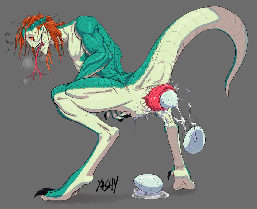 1boy animal_genitalia anthro breath_cloud clawed_fingers claws cloaca cloacal_prolapse dialogue egg egg_laying eye_roll genitals hair hi_res identity_v luchino_diruse male male_only orange_eyes orange_hair prolapse raised_tail scalie sharp_teeth snake_tongue solo solo_male teeth toe_claws tongue_flick yashy