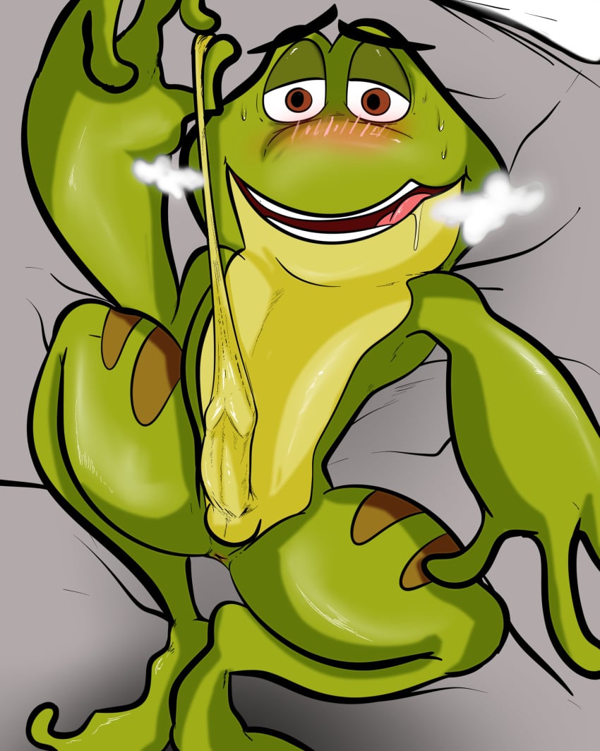 4:5 absurd_res amphibian anthro anus balls blush bodily_fluids disney drooling erection foreskin foreskin_play foreskin_pull frog genitals hi_res illegaleel long_foreskin looking_pleasured male male_only masturbation penis prince_naveen saliva solo sweat the_princess_and_the_frog