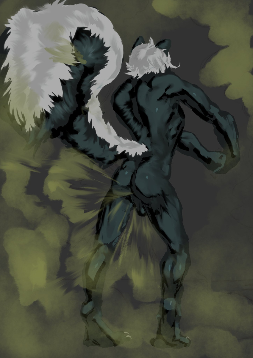 anthro ass back_muscles backsack balls black_body black_fur fart fart_cloud fart_fetish flatulance fluffy fluffy_tail fur gas gassy genitals grey_background hair hi_res iwantdiespoopyboi male mammal mephitid muscular muscular_anthro muscular_male nude simple_background skunk solo stretching stretching_arms white_hair