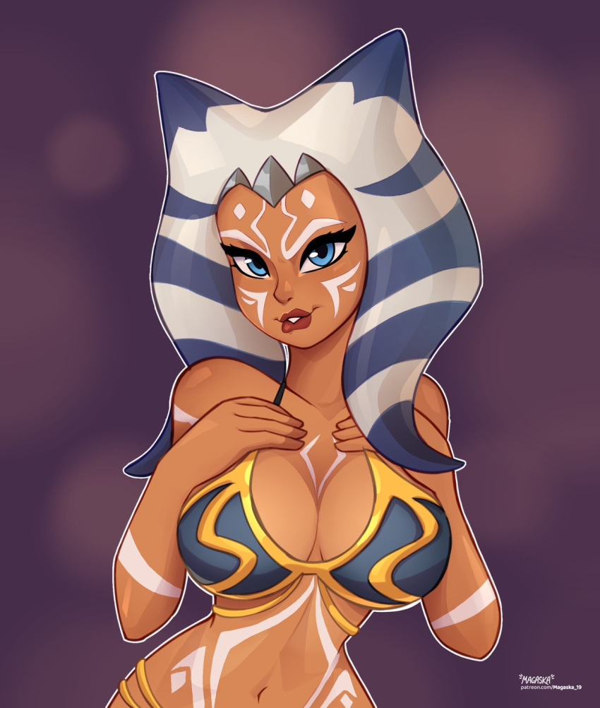 1girls ahsoka_tano alien alien_girl alternate_version_available biting_lip blue_eyes cleavage clone_wars female female_only fit_female hourglass_figure jedi large_breasts looking_at_viewer magaska19 navel orange_skin slave slave_ahsoka slave_bikini slave_leia_(cosplay) slave_outfit slavegirl solo star_wars the_clone_wars:_season_four togruta voluptuous