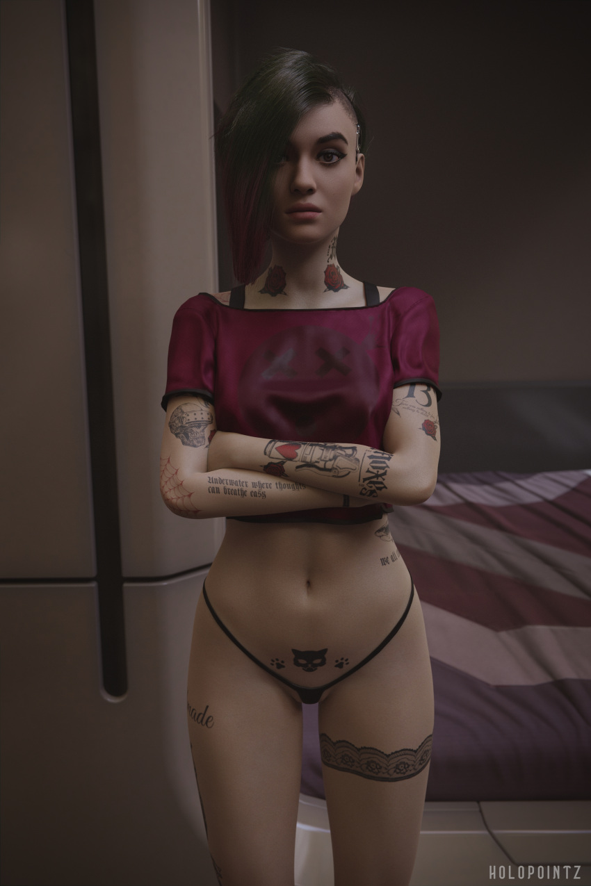 3d 4k brown_eyes crossed_arms cyberpunk_2077 female female_focus female_only green_hair holopointz judy_alvarez light-skinned_female looking_at_viewer partially_clothed partially_undressed petite petite_body purple_hair solo solo_female solo_focus text_tattoo thong_panties