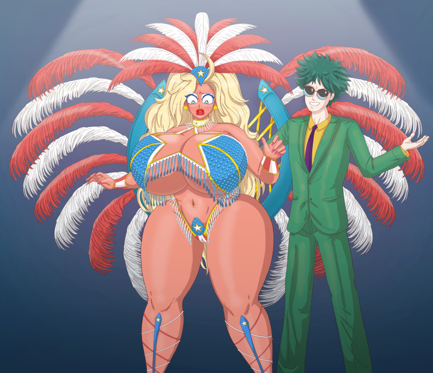 1boy 1girls ahoge big_ass big_breasts bikini_top blonde_hair blue_eyeliner blue_eyes casino charlotte_vanders earrings embarrassed eyeliner eyeshadow feathers green_hair green_suit headdress hourglass_figure kamen_america kamen_america_(character) kamen_america_(series) lipstick long_hair looking_at_self makeup nail_polish niro_lansky pink_nail_polish red_lipstick saturnxart show_girl showgirl simple_background sunglasses tanned_female tanned_skin thick_lips thick_thighs white_eyeshadow