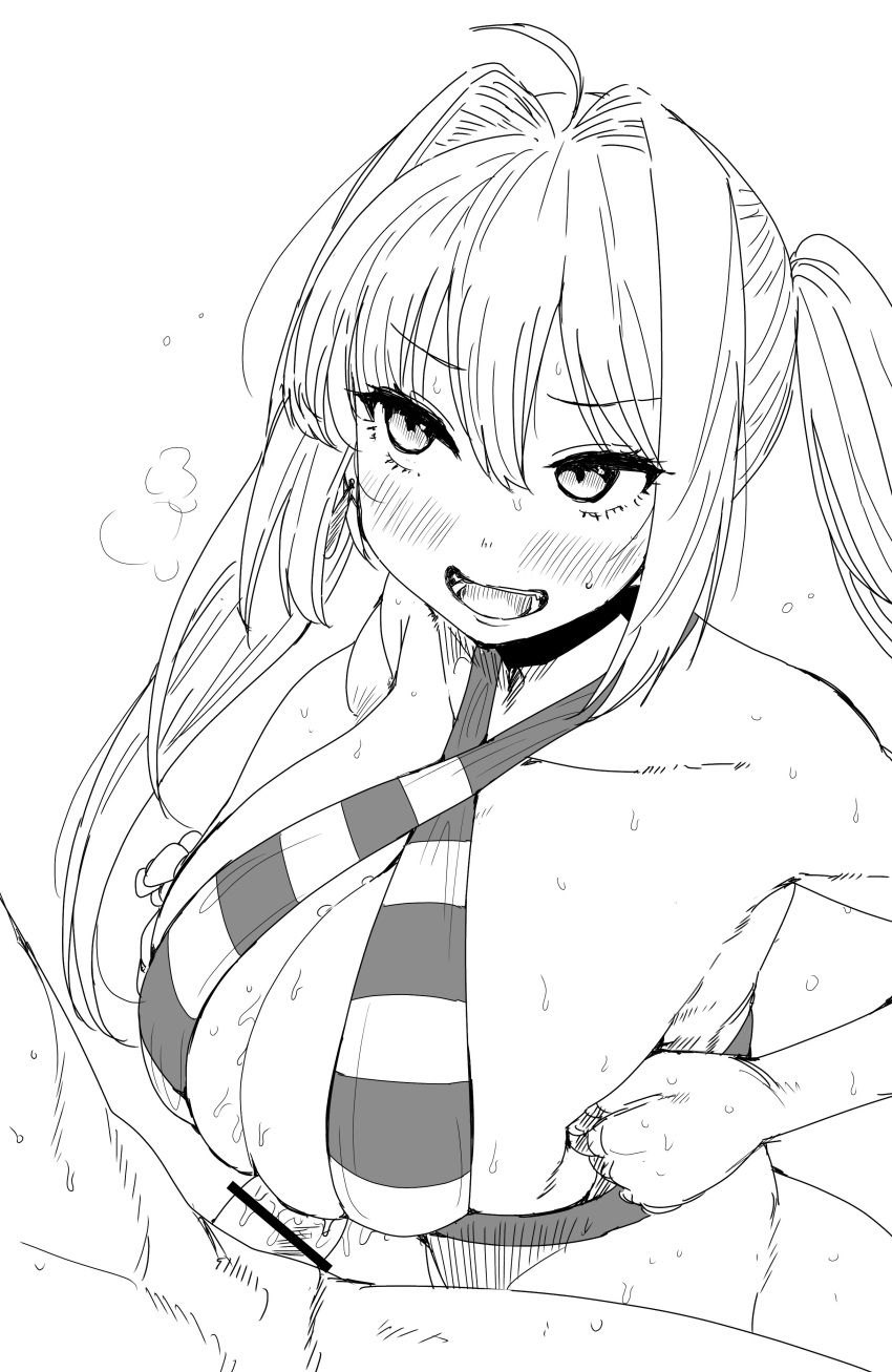 1boy 1boy1girl 1girls absurd_res ahoge alternate_breast_size armpits big_breasts bikini black_and_white blush boobjob breast_press breast_squeeze breasts cum cum_on_breasts ejaculation ejaculation_between_breasts embarrassed fate/extra fate/grand_order fate_(series) heavy_breathing highres huge_breasts kaiman_(artist) kaiman_garupan large_breasts looking_at_viewer nero_claudius_(fate) nero_claudius_(swimsuit_caster) paizuri penis penis_between_breasts sex smile smiling smiling_at_viewer sweat swimsuit titjob tongue twintails uncolored visible_breath white_background