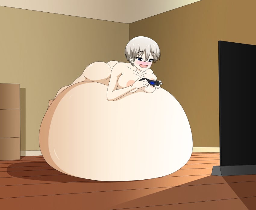 1girls awesometacular belly_bigger_than_body big_ass big_belly big_breasts big_butt blushing damnitshuge huge_ass huge_belly huge_breasts huge_butt hyper hyper_belly massive_belly nude_female playing_videogame pregnant resting_on_belly thick_thighs unbirth unbirthing uzaki-chan_wa_asobitai! uzaki_hana vore white_hair