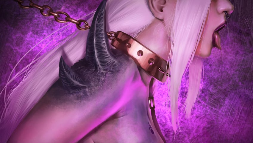 1girls chain_leash chains chaos_(warhammer) collar corruption female female_only implied_nudity leash light-skinned_female miao_ying nose_piercing slaanesh slaanesh_mark solo solo_female tattoo tongue tongue_out warhammer_(franchise) warhammer_fantasy white_hair