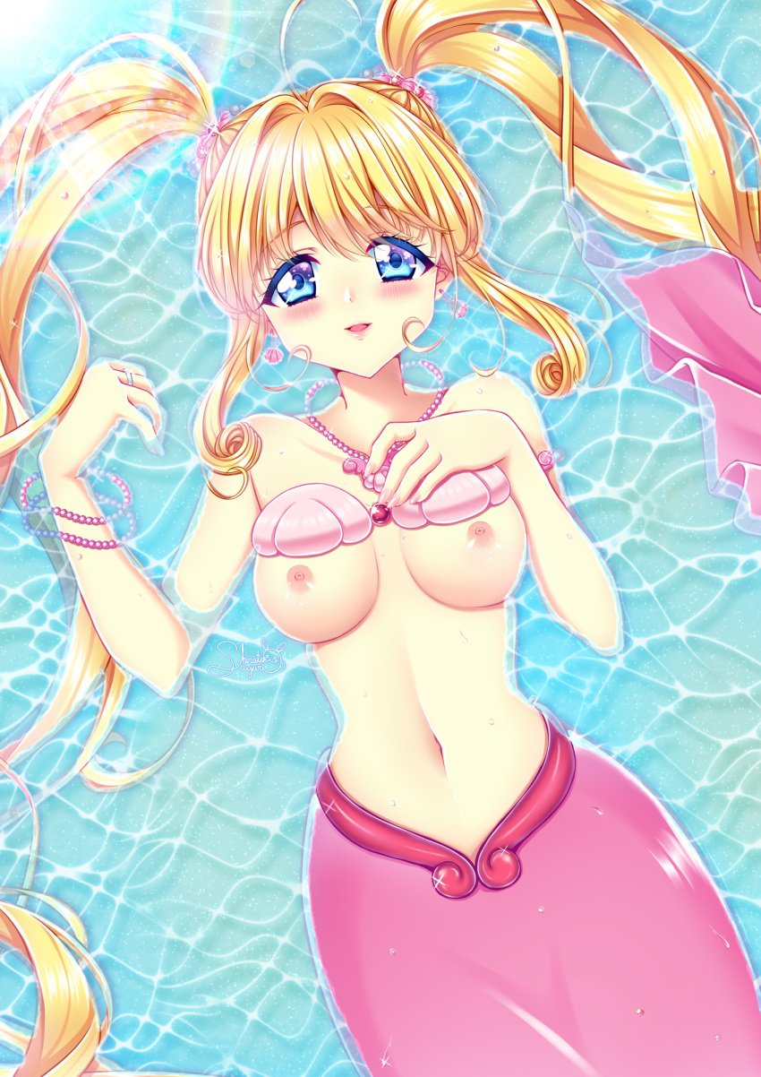 blonde_hair blue_eyes blush bracelet breasts collarbone commission female groin highres jewelry large_breasts long_hair looking_at_viewer lying mermaid mermaid_melody_pichi_pichi_pitch monster_girl nanami_lucia navel necklace nipples nude ocean open_mouth pearl_bracelet pearl_necklace ring shell shell_bikini shirato_sayuri skeb_commission smile solo stomach sunlight twintails