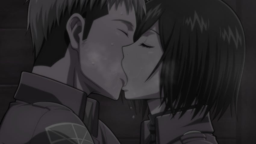 1boy 1girls asian asian_female attack_on_titan black_hair brown_hair closed_eyes clothed clothed_female clothed_male female fully_clothed interracial jean_kirstein jeankasa kissing lost_rarities male male/female medium_hair mikasa_ackerman military_jacket military_uniform netorare paradis_military_uniform shingeki_no_kyojin straight takapiko undercut uniform