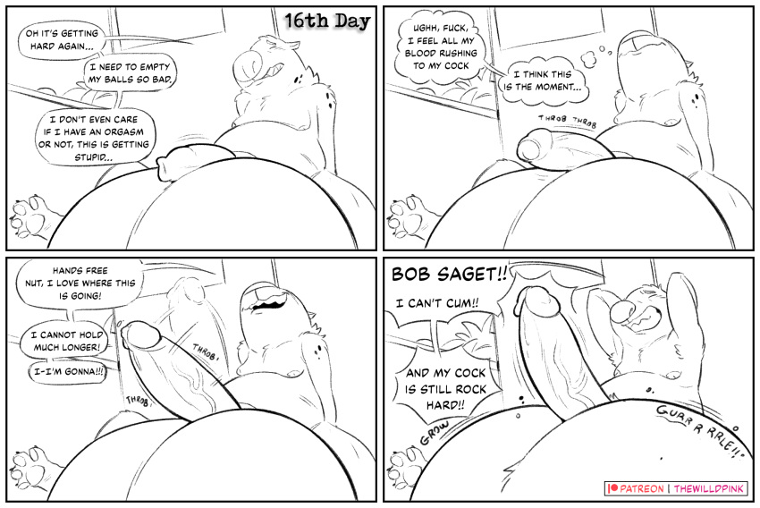 1boy anthro balls big_balls comic english_text genitals hi_res huge_balls hyenid_(species) hyper hyper_balls hyper_genitalia jeffrey_taggart male male_only no_nut_november orgasm_denial page_16 page_number solo thewilldpink unable_to_cum unable_to_ejaculate unable_to_orgasm