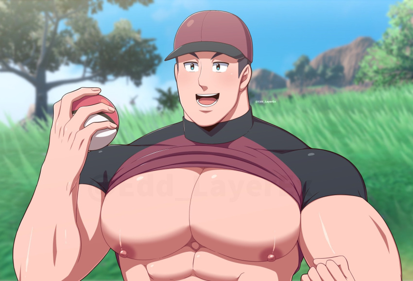 1boy abs big_nipples big_pecs black_hair blue_eyes cap courier_(pokemon) edd_layerex exhibitionism exhibitionist hat holding_object male male_nipples male_only muscles muscular_male nipples open_mouth pecs pectorals pokemon pokemon_sv shirt_lift shirt_up smile smiling underpec