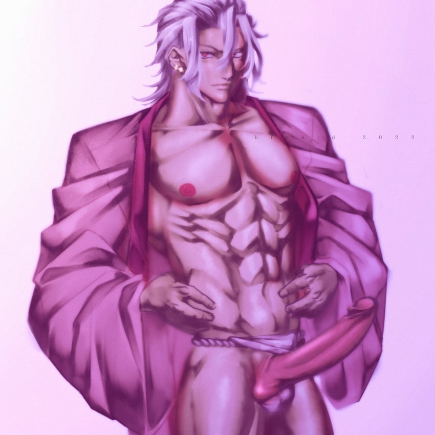 balls bicoldposkul big_penis bulge demon_slayer earrings erection fundoshi fundoshi_aside hair_between_eyes hair_down hands_on_hips kimetsu_no_yaiba kimono long_penis male male_only muscular muscular_male open_clothes open_kimono penis red_eyes smirk solo uncensored uzui_tengen white_hair