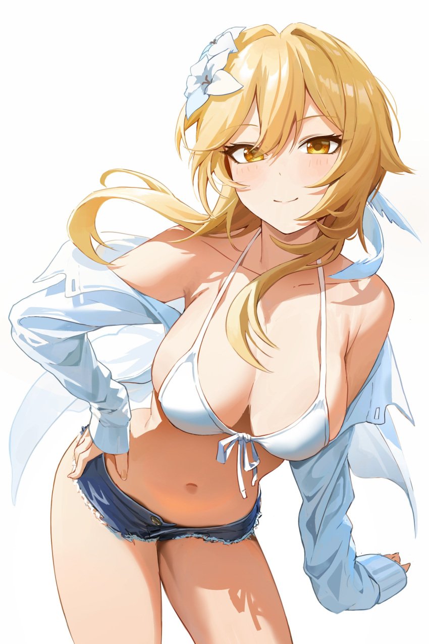 absurd_res alternate_breast_size big_breasts bikini bikini_top blonde_hair cleavage collarbone denim denim_shorts feet_out_of_frame female female_focus female_only genshin_impact hair_ornament hand_on_hip highres huge_breasts jacket large_breasts leaning_forward looking_at_viewer lumine_(genshin_impact) midriff navel plain_background ritae short_hair shorts simple_background smile smiling smiling_at_viewer stomach thick_thighs unbuttoned white_background white_bikini