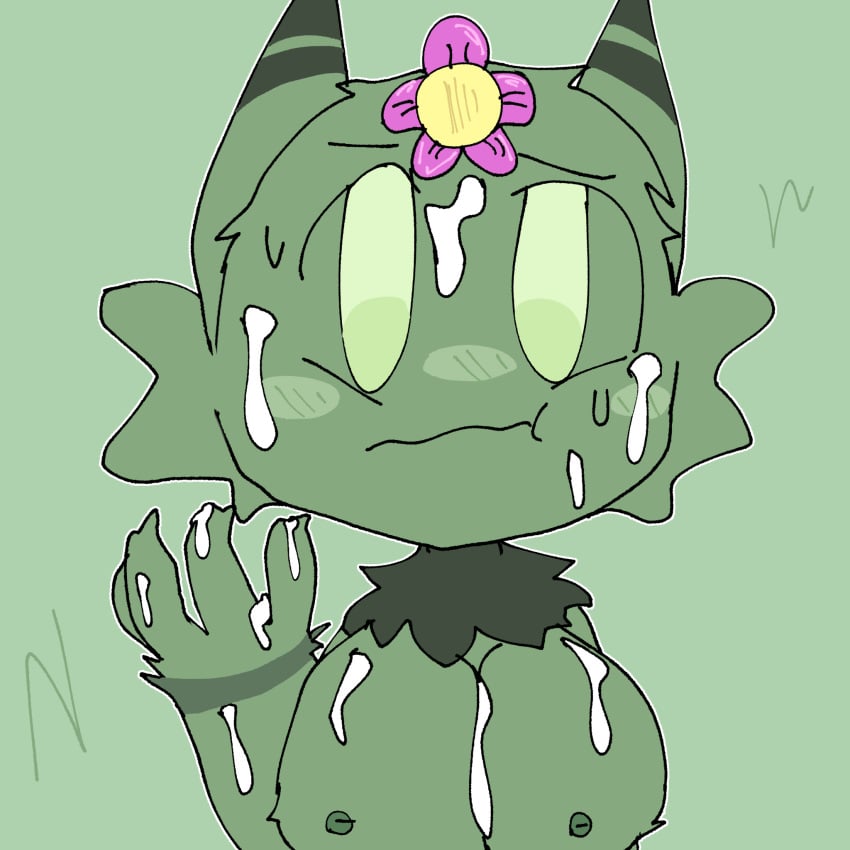 anthro big_breasts breasts cum cum_on_breasts digital_media_(artwork) flower furry green_fur kaiju_paradise looking_at_viewer plantix_(kaiju_paradise) roblox roblox_game tagme