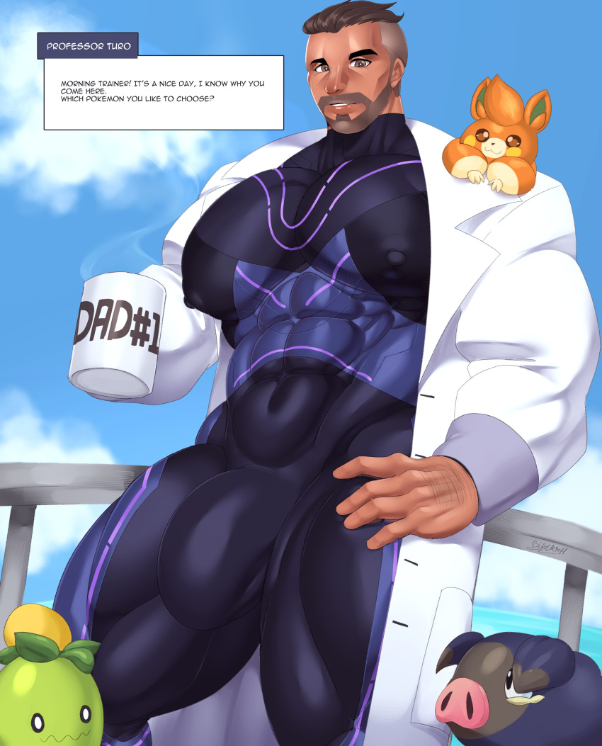 balls bara beard big_pecs blackheart_xi bodysuit bulge facial_hair game_freak gay labcoat lechonk looking_at_viewer male male_only muscles muscular nintendo npc_trainer pawmi penis pokemon pokemon_sv professor_turo smoliv