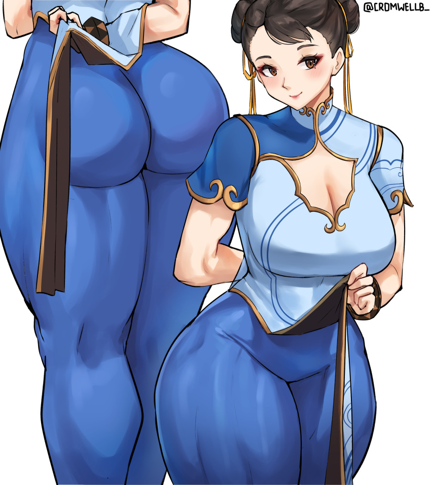 1girls absurdres ass bangs big_ass blue_pants blush bracelet breasts brown_eyes brown_hair capcom china_dress chinese_clothes chun-li cleavage clothed clothed_female clothes clothing clothing_cutout cromwellb double_bun dress feet female female_focus female_only fully_clothed hair_bun hair_buns hair_ornament hair_ribbon hi_res highres hourglass_figure jewelry large_breasts long_hair looking_at_viewer multiple_views muscular muscular_female pants pelvic_curtain ribbon short_sleeves simple_background smile solo street_fighter street_fighter_6 thick_thighs thighs tight tight_clothing tight_pants wide_hips yellow_ribbon