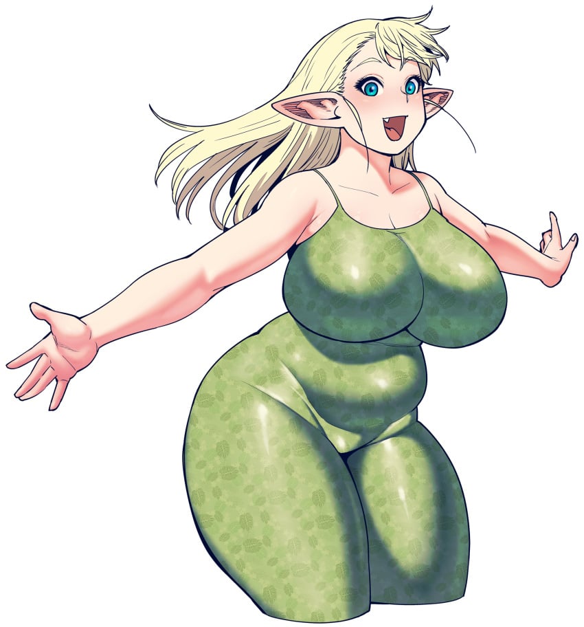 bbw blonde_female blonde_hair blue_eyes bodysuit breasts chubby chubby_female curvy cute_fang elf elf-san_wa_yaserarenai elfuda female female_only gym_clothes huge_breasts long_hair plump pointy_ears synecdoche thick_thighs voluptuous white_background wide_hips