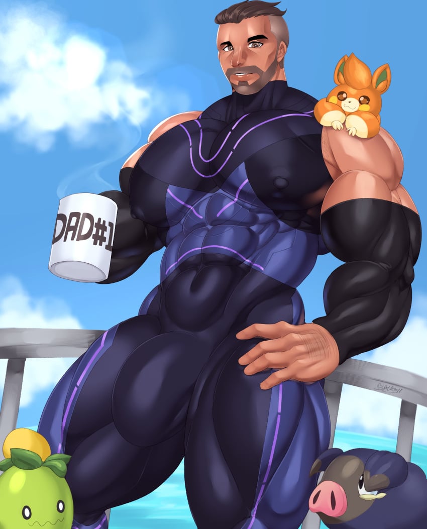 balls bara beard big_pecs blackheart_xi bodysuit bulge facial_hair game_freak gay lechonk looking_at_viewer male male_only muscles muscular nintendo npc_trainer pawmi penis pokemon pokemon_sv professor_turo smoliv