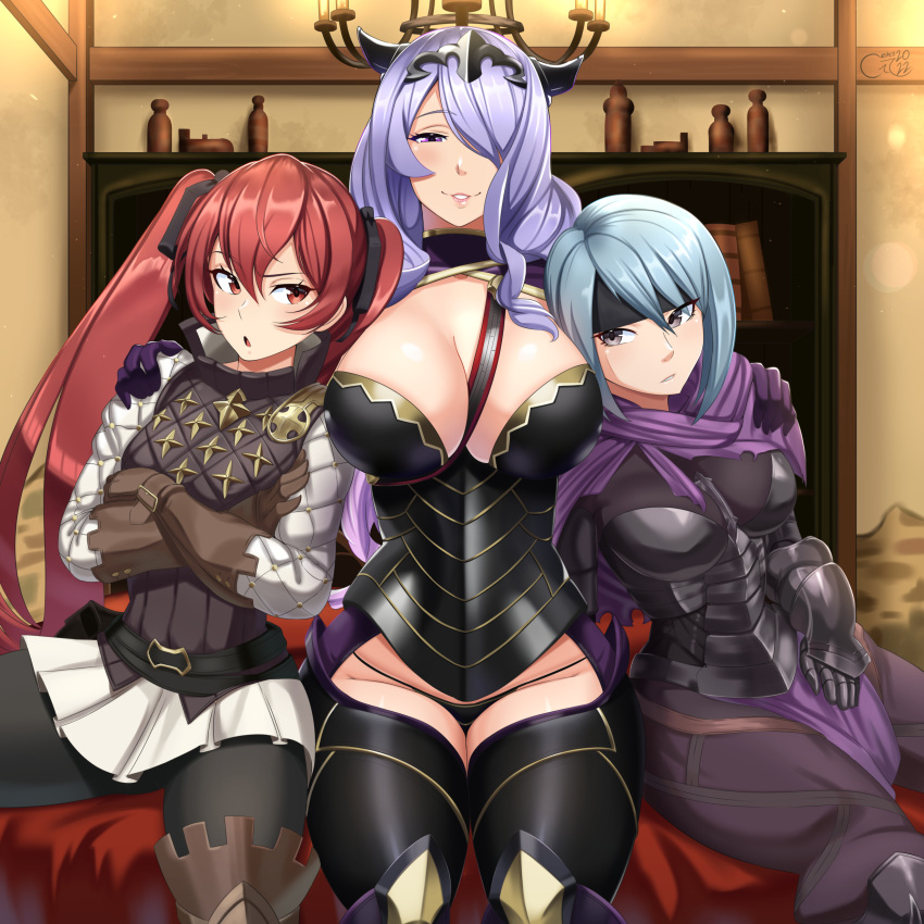 2022 3girls absurdres arm_around_shoulders armor arms_around_neck beruka_(fire_emblem) black_headband blue_hair blush breast_envy breast_size_difference breastplate breasts brown_eyes brown_gloves camilla_(fire_emblem) capelet castell cleavage clothed clothed_female commission embarrassed female female_only fire_emblem fire_emblem_fates gambeson gloves hair_between_eyes hair_ornament hair_over_one_eye hazel_eyes headband hi_res highres hips huge_breasts large_breasts long_hair looking_at_viewer medium_breasts multiple_girls naughty_face nintendo parted_lips purple_eyes purple_hair red_eyes red_hair severa_(fire_emblem) short_hair sitting slim_waist small_breasts smile suggestive_look thick_thighs thighs twintails underwear very_long_hair wide_hips