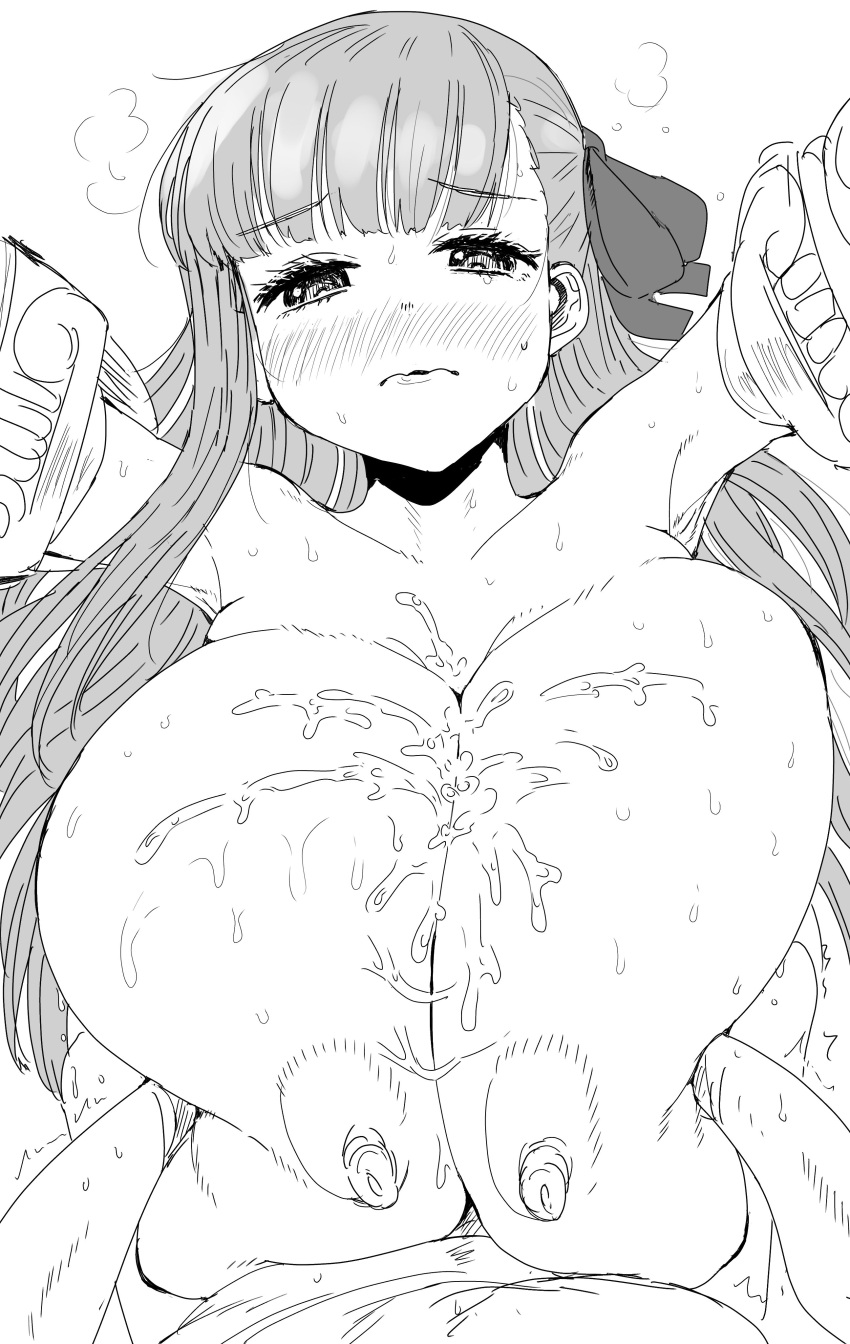 1boy 1boy1girl 1girls absurd_res armpits big_breasts big_nipples black_and_white blush boobjob breast_grab breast_press breast_squeeze breast_squish breasts breasts_out cowboy_position cum cum_on_breasts ejaculation ejaculation_between_breasts embarrassed engulfing_paizuri fate/extra fate/extra_ccc fate/grand_order fate_(series) heavy_breathing highres huge_breasts huge_nipples hugging kaiman_garupan large_breasts large_nipples long_hair looking_at_viewer lying lying_on_back monochrome naked on_top paizuri passion_lip penis ribbon sex straddling_paizuri submissive sweat titfuck titjob uncolored visible_breath voluptuous