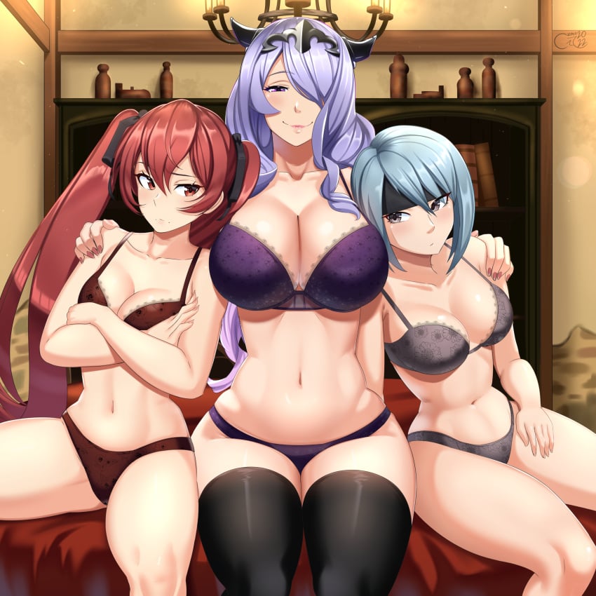 2022 3girls absurdres alternate_version_available arm_around_shoulders arms_around_neck beruka_(fire_emblem) black_headband black_panties blue_hair blush bra breast_envy breast_size_difference breasts brown_eyes camilla_(fire_emblem) castell cleavage commission embarrassed female female_only fire_emblem fire_emblem_fates folded_arms grey_panties hair_between_eyes hair_ornament hair_over_one_eye hazel_eyes headband height_difference hi_res highres hips huge_breasts large_breasts lingerie long_hair looking_at_viewer medium_breasts multiple_girls naughty_face navel nintendo panties picot_trim picot_trim_bra purple_eyes purple_hair red_eyes red_hair red_panties severa_(fire_emblem) short_hair sitting slim_waist small_breasts smile suggestive_look thick_thighs thighhighs thighs twintails underwear very_long_hair wide_hips