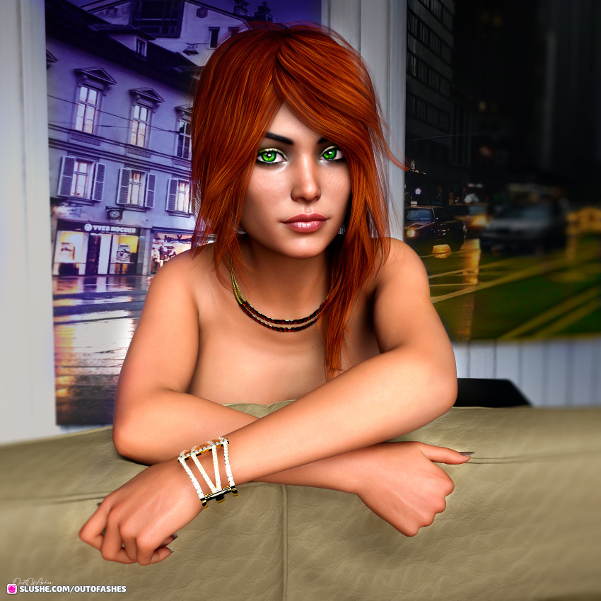 1girls 2022 3d bracelet chasing_sunsets fanart female female_only green_eyes indoors jaye_(chasing_sunsets) looking_at_viewer necklace nude nude_female orange_hair outofashes red_hair slushe_(website) solo solo_female