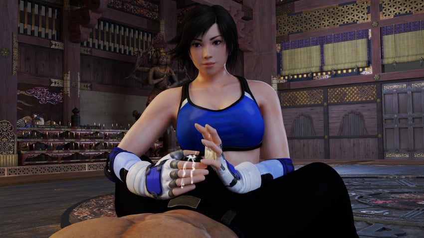 1boy 3d abs alluring clothed_handjob cum_on_hands cum_through_clothes den549 erection_under_clothes female kazama_asuka namco shin_kamiya sports_bra tekken unseen_male_face