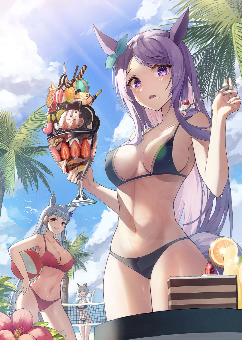 beach cake carozzi cherry chocolate costa curren_chan_(umamusume) dessert drink food gold_ship_(umamusume) grapes ice_cream meiji_(brand) meiji_(chocolate) mejiro_mcqueen_(umamusume) nabisco obsesión orange_(fruit) orange_juice oreo paradise peanut strawberry strawberry_shortcake_(food) swimwear umamusume vacation wafer whipped_cream