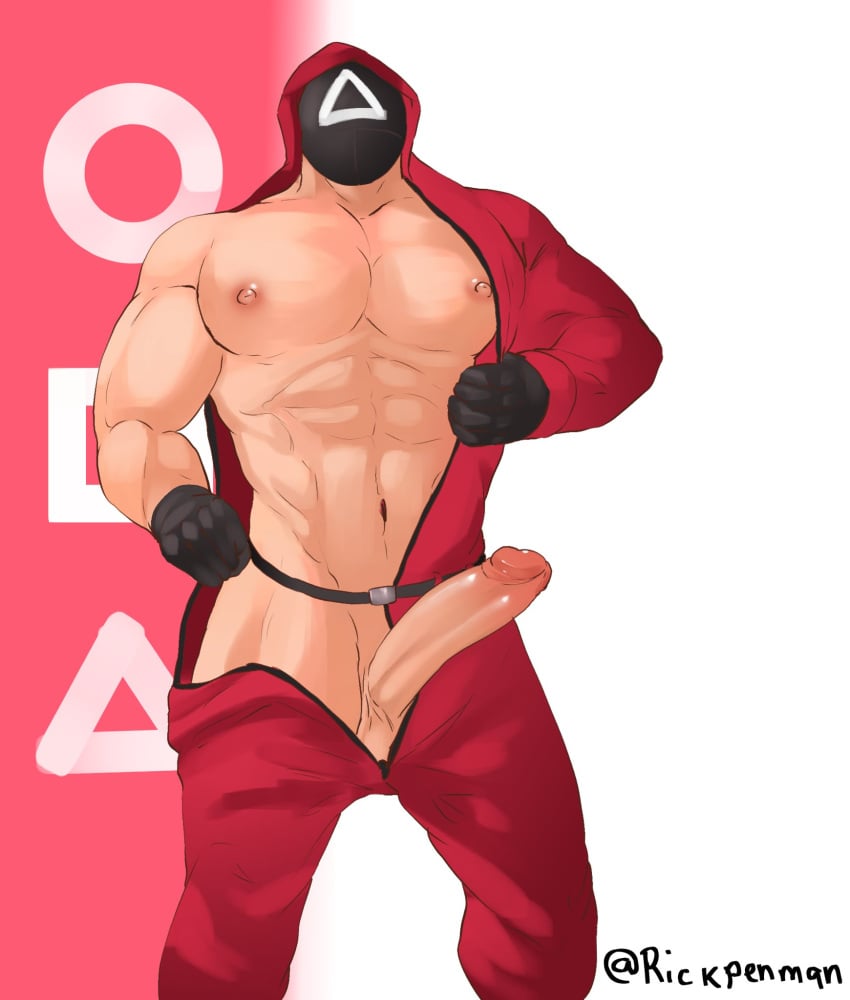 balls bara big_balls big_penis boner erection gay male male_only muscles muscular penis pink_guard rickpenman solo solo_male squid_game