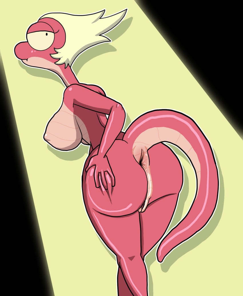 4_fingers amphibia amphibia_(series) amphibian anthro anthro_focus anus ass big_anus big_butt black_eyes blonde_hair breasts disney female fingers general_yunan genitals hair hand_on_butt hi_res long_tail looking_back newt nokkomotion non-mammal_breasts nude pink_body pink_skin pose pussy raised_tail salamander_(amphibian) short_hair solo standing straight_hair yunan