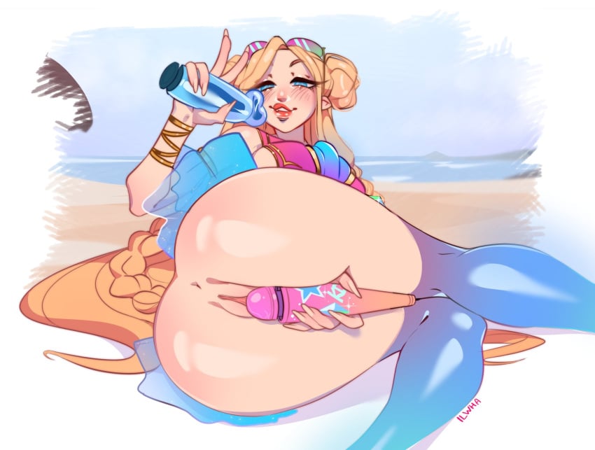 1girls ass blonde_hair blue_eyes blush dildo eyewear_on_head female female_only hair_ornament ilewdha league_of_legends long_hair looking_at_viewer masturbation ocean_song_seraphine partially_clothed peace_sign pool_party_series seraphine_(league_of_legends) sex_toy smile solo solo_female sunglasses sunglasses_on_head vibrator