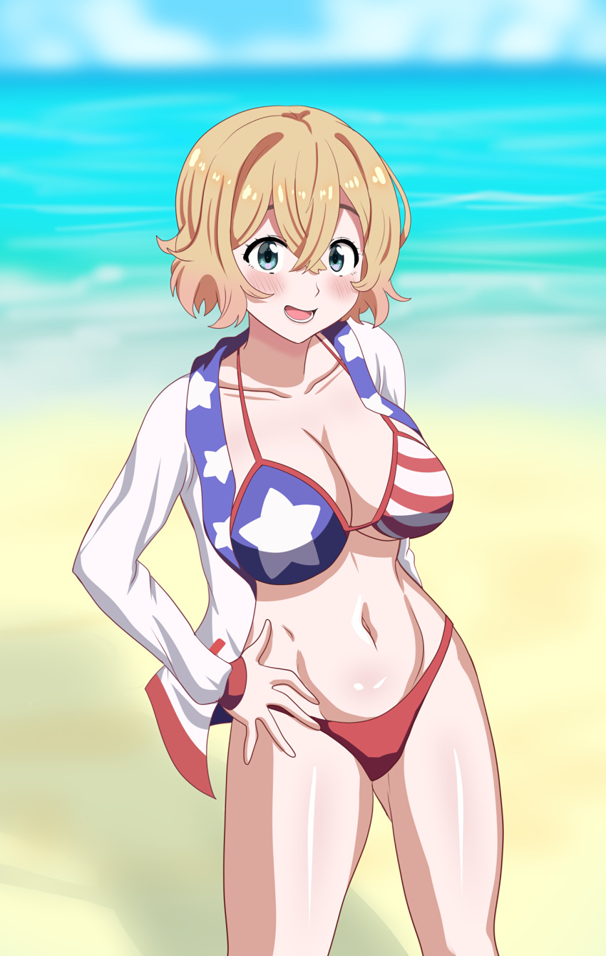 1girls american_flag_bikini aqua_eyes beach big_breasts bikini blonde_hair blush breasts busty cleavage female female_only flag_print highres jacket kanojo_okarishimasu large_breasts legs looking_at_viewer nanami_mami ocean open_clothes open_jacket open_mouth short_hair smile solo swimsuit thighs water