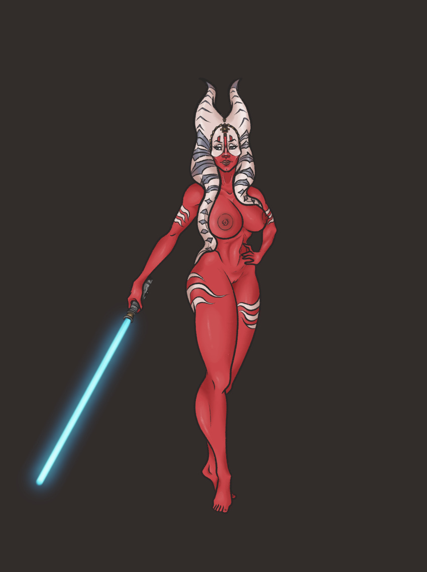 alien alien_girl alien_humanoid areola areolae clone_wars full_body full_frontal_nudity humanoid large_areolae large_breasts lekku lekku_(anatomy) lightsaber lightsaber_hilt naked nipples no_background orange_skin shaak_ti shaved_pussy solo squidbi star_wars the_force_unleashed thick_thighs togruta