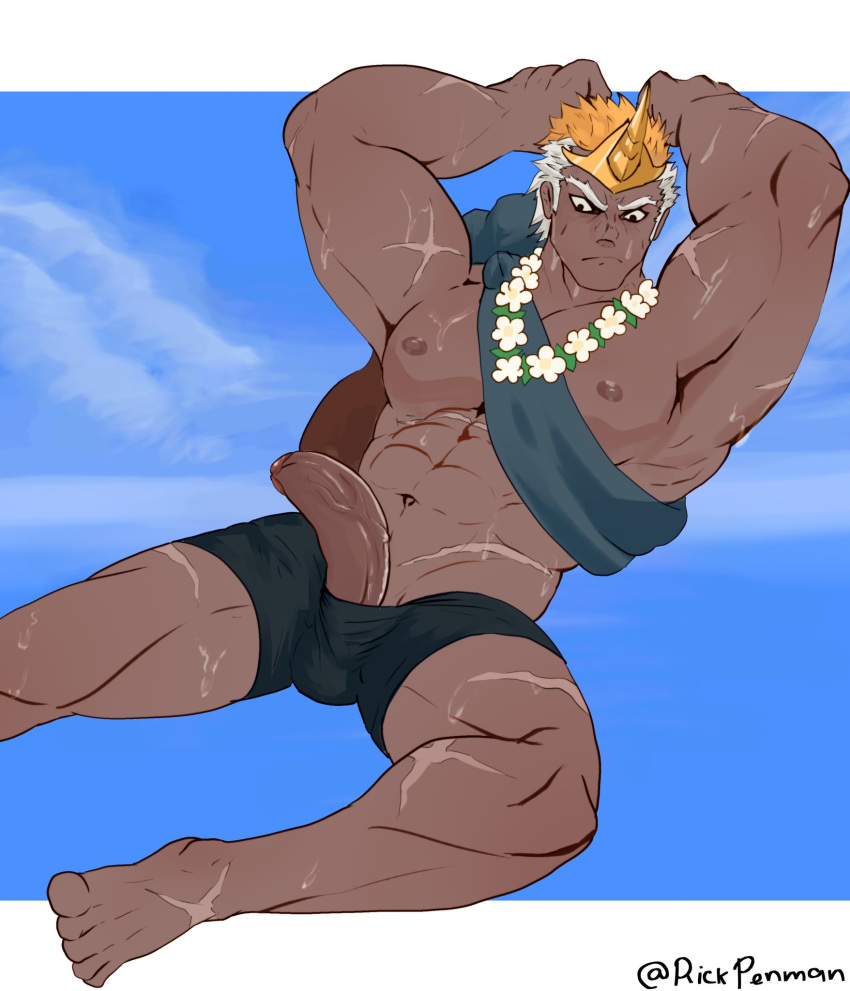 arms_up balls bara boner erection fire_emblem fire_emblem_heroes gay helbindi_(fire_emblem) helbindi_(summer)_(fire_emblem) male male_only muscles muscular nintendo penis rickpenman solo solo_male sweaty