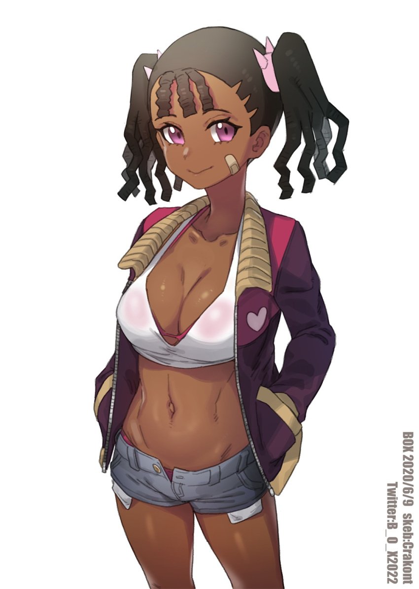 1girls artist_name ayukawa_miyuki bandaid basquash! big_breasts bikini black_hair breasts busty cleavage clothing dark-skinned_female denim denim_shorts female female_only highres jacket large_breasts legs looking_at_viewer midriff navel open_clothes open_jacket pink_bikini purple_eyes see-through shorts smile solo swimsuit tank_top thighs toned twintails xiangzi_box