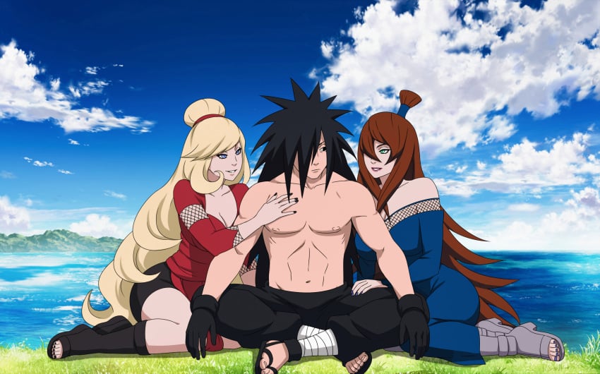 16:10_aspect_ratio auburn_hair black_hair blonde_hair breasts cleavage cloud female group high_resolution long_hair looking_at_viewer male mei_terumi mizukage multiple_girls naruto naruto_(series) naruto_shippuden ocean original original_character outdoors shirtless shirtless_(male) sky terumi_mei trio uchiha_madara very_high_resolution very_long_hair water