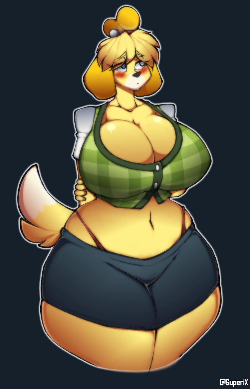 1girls 2018 absurd_res animal_crossing anthro big_breasts black_nose blonde_hair blush bottomwear breasts busty button_shirt canid canine canis cleavage clothed clothing curvaceous curvy curvy_body curvy_female curvy_figure digital_drawing_(artwork) digital_media_(artwork) domestic_dog eyebrows eyelashes female female_focus female_only fluffy fluffy_tail furry grey_eyes hair hi_res hourglass_figure isabelle_(animal_crossing) large_breasts mammal midriff midriff_baring_shirt multicolored_body multicolored_fur navel nintendo pencil_skirt shih_tzu short_hair simple_background simple_eyes skirt solo superix tail_over_skirt tan_body tan_fur thick_thighs thong thong_above_shorts thong_straps toy_dog two_tone_body two_tone_fur underwear video_games voluptuous wide_hips yellow_body yellow_fur