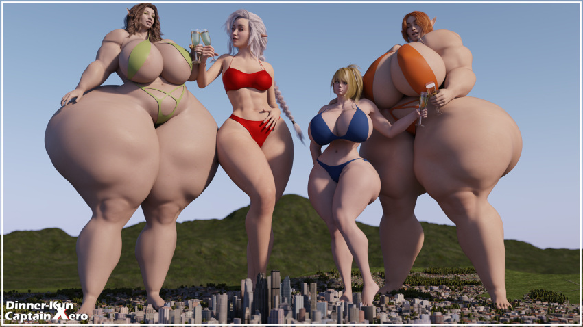 2022 3d 3d_(artwork) 4girls absurd_res absurdres arya_nielson barefoot bbw big_thighs bikini blonde_hair brown_hair captainxero city daz3d digital_media_(artwork) dinner-kun elf elf_ears elf_female enormous_thighs female giantess gigantic_thighs group hair hi_res highres huge_thighs hyper_thighs large_breasts large_thighs massive_thighs muscles muscular muscular_female nora_(captainxero) orange_hair original_character overweight overweight_female pointy_ears thick_thighs thighs thunder_thighs watermark white_hair zoey_nielson