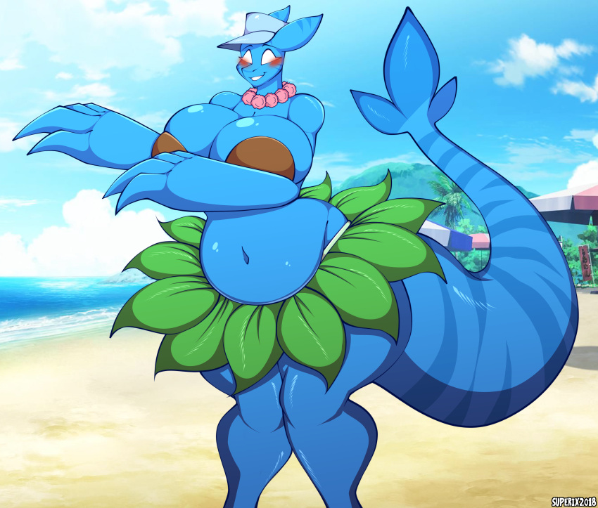 1girls 2018 4k absurd_res alternate_species anthro artist_name beach belly belly_button big_belly big_breasts big_hands big_tail blue_body blue_scales blue_stripes blush bottomwear breast_squish breasts cleavage clothed clothing coconut_bra collar curvaceous curvy curvy_body curvy_female curvy_figure detailed_background digital_drawing_(artwork) digital_media_(artwork) female female_focus female_only fingers fish grass_skirt hat headgear headwear hi_res huge_breasts hula kali_(kilinah) kili_(kilinah) leaf_clothing long_tail marine navel no_pupils outside potbelly scales sea seaside shark skirt smile solo squish standing striped_body striped_scales stripes superix tail_under_skirt teeth thick_thighs voluptuous water wide_hips