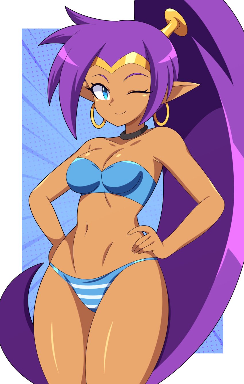 1girls abysswatchers blue_eyes blue_panties bottomwear breasts clothing ear_piercing earrings female female_only hair hands_on_hips hips hoop_earrings medium_breasts one_eye_closed panties pointy_ears ponytail purple_hair shantae shantae_(character) solo solo_female striped_panties thighs topwear tubetop wink winking