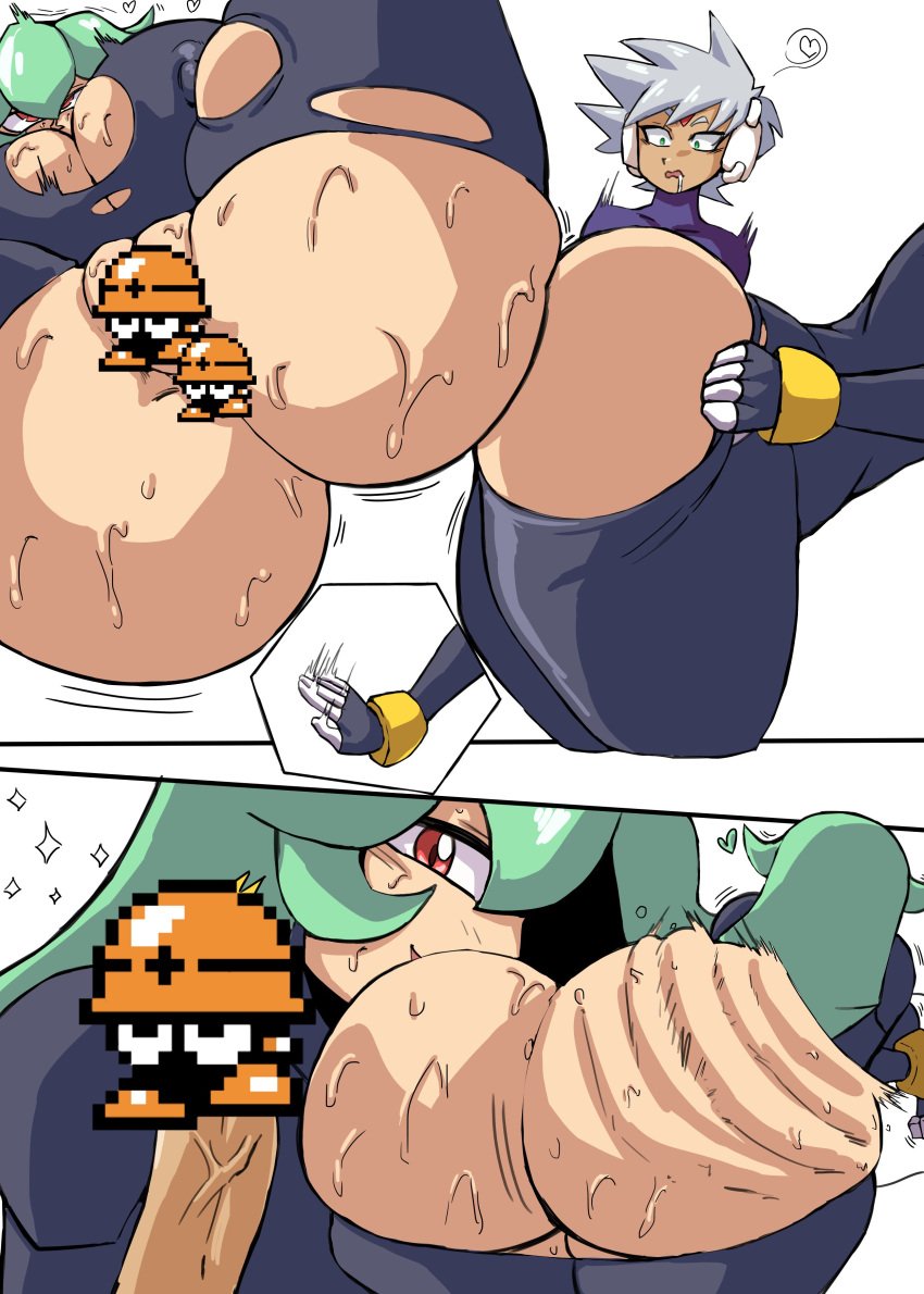 1boy 1girls ass big censored charge_sol green_hair grey_(mega_man_zx) mega_man mega_man_zx pandora_(mega_man) pussy