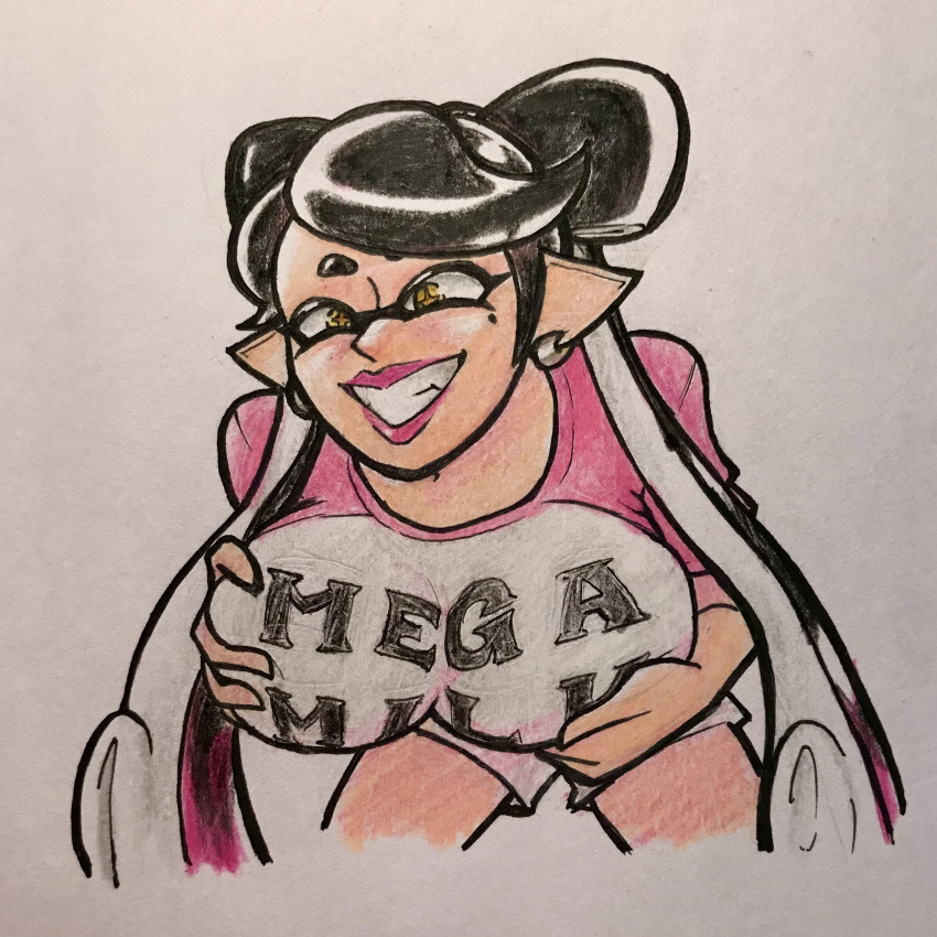 alternate_breast_size bimbo breast_grab breasts callie_(splatoon) clothing earrings enthusiastic eyelashes eyeshadow fully_clothed grabbing grabbing_own_breast groping groping_breast groping_self inkling large_breasts lipstick makeup mega_milk nintendo oh_gosh_levi shirt smile splatoon splatoon_(series)