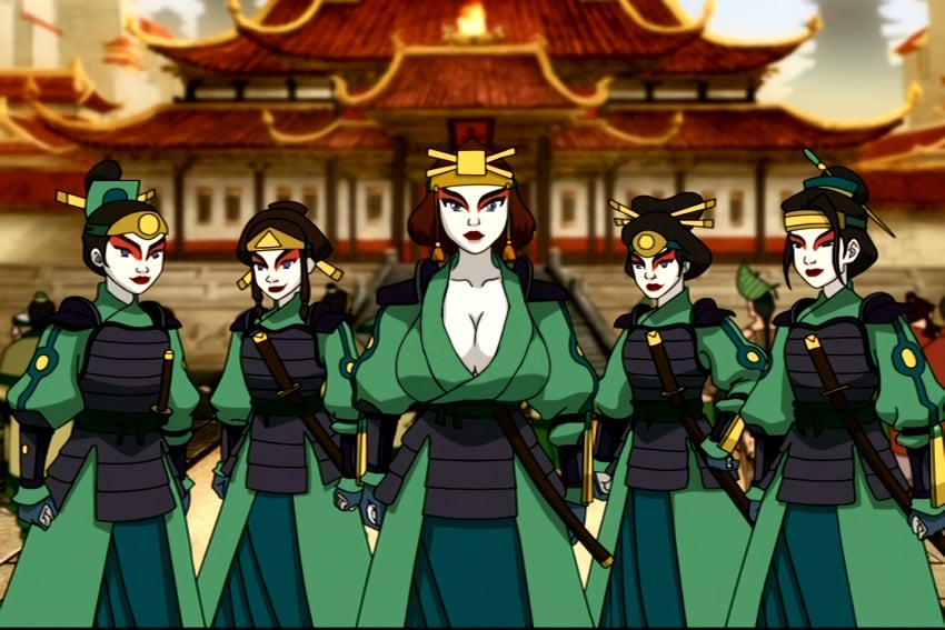 5girls avatar_legends avatar_the_last_airbender blue_eyes breasts clavicle cleavage earth_kingdom facepaint female gold_(metal) hairbun hairbuns headpiece huge_breasts katana kyoshi_warrior large_breasts lipstick nonbender outdoors red_lipstick screencap screenshot screenshot_edit suki tied_hair warpaint