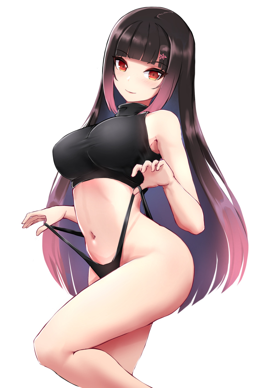 1girls alternate_version_at_source alternate_version_available black_hair female_only hair_ornament hana_yomeguri long_hair long_hair_female looking_at_viewer red_eyes simple_background slash-ex smiling_at_viewer thong thong_pull two_tone_hair virtual_youtuber vtuber white_background