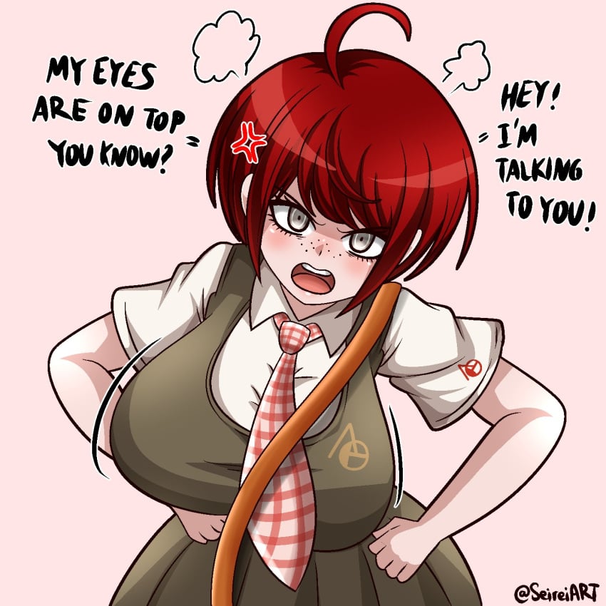 ahoge alternate_breast_size angry big_breasts danganronpa danganronpa_2:_goodbye_despair english_text freckles freckles_on_face huge_breasts koizumi_mahiru looking_at_viewer motion_lines open_mouth red_hair seireiart swaying_breasts tagme text