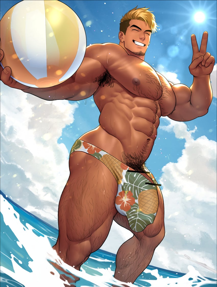 abs bara beach_ball big_bulge big_cock big_penis black_hair blonde_hair body_hair bodybuilder bulge censor_bar censored censored_penis chest_hair clouds erect_nipples exposed_nipples facial_hair flaccid gay hairy hairy_arms hairy_chest hairy_legs hairy_male high_resolution highres huge_bulge huge_cock human hunk kuromine_hiraya large_penis male male_only massive_bulge muscle muscles muscular_legs muscular_male muscular_thighs nipples ocean open_mouth peace_sign pecs penis pubic_hair sky smile smiling solo solo_male speedo swimsuit swimwear tan_skin thick_thighs veiny_penis water yuatari