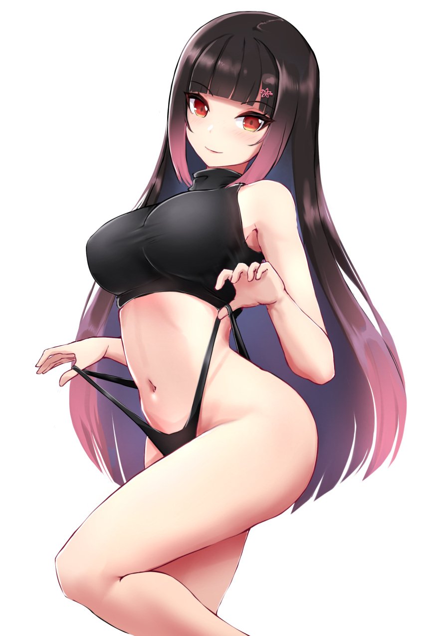 1girls alternate_version_at_source alternate_version_available black_hair female_only hair_ornament hana_yomeguri long_hair long_hair_female looking_at_viewer red_eyes slash-ex smiling_at_viewer thong thong_pull transparent_background two_tone_hair virtual_youtuber vtuber