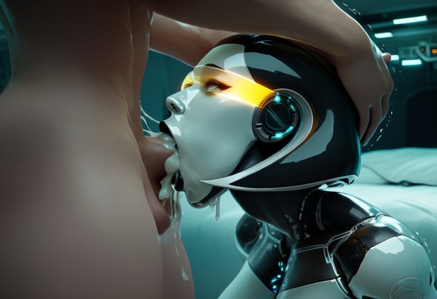 ai_generated android big_cock cum cum_in_mouth curvy deepthroat edi head_grab looking_at_partner mass_effect metallic_body robot_girl sexbot tinted_eyewear visor