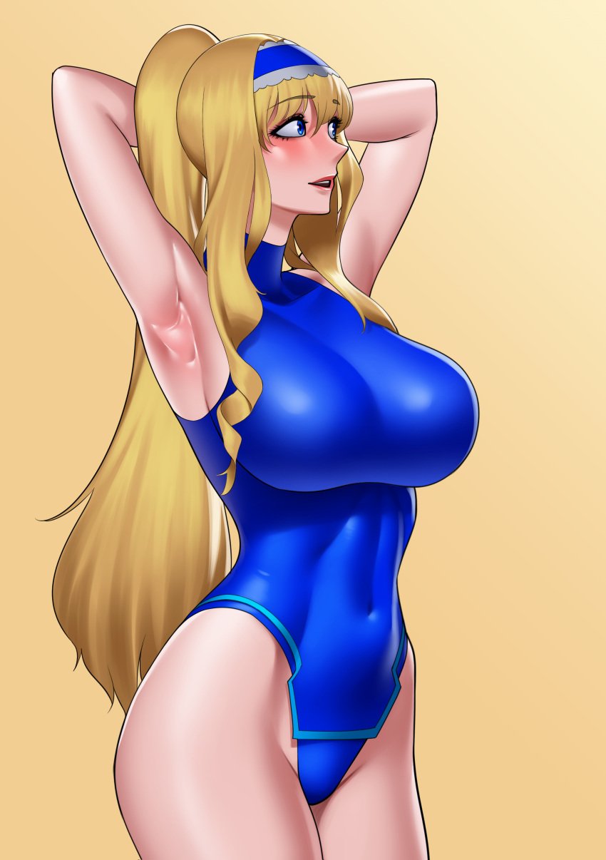 1girls armpits arms_behind_head big_breasts blonde_hair blue_eyes blue_hairband blue_leotard breasts busty cecilia_alcott covered_navel drill_hair female female_only frilled_hairband frills gradient_background hairband highres infinite_stratos large_breasts legs leotard long_hair open_mouth orange_eyes ponytail pose posing red_lips sexy sexy_armpits sexy_pose smile solo standing teeth thighs toned voluptuous yossan_illust